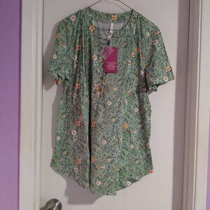 Women's Short Sleeve Green Floral Henley Tunic Top NWT